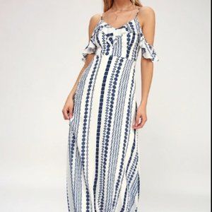 Lulu's. Brescia Blue and White Print Off-the-Shoulder Maxi Dress